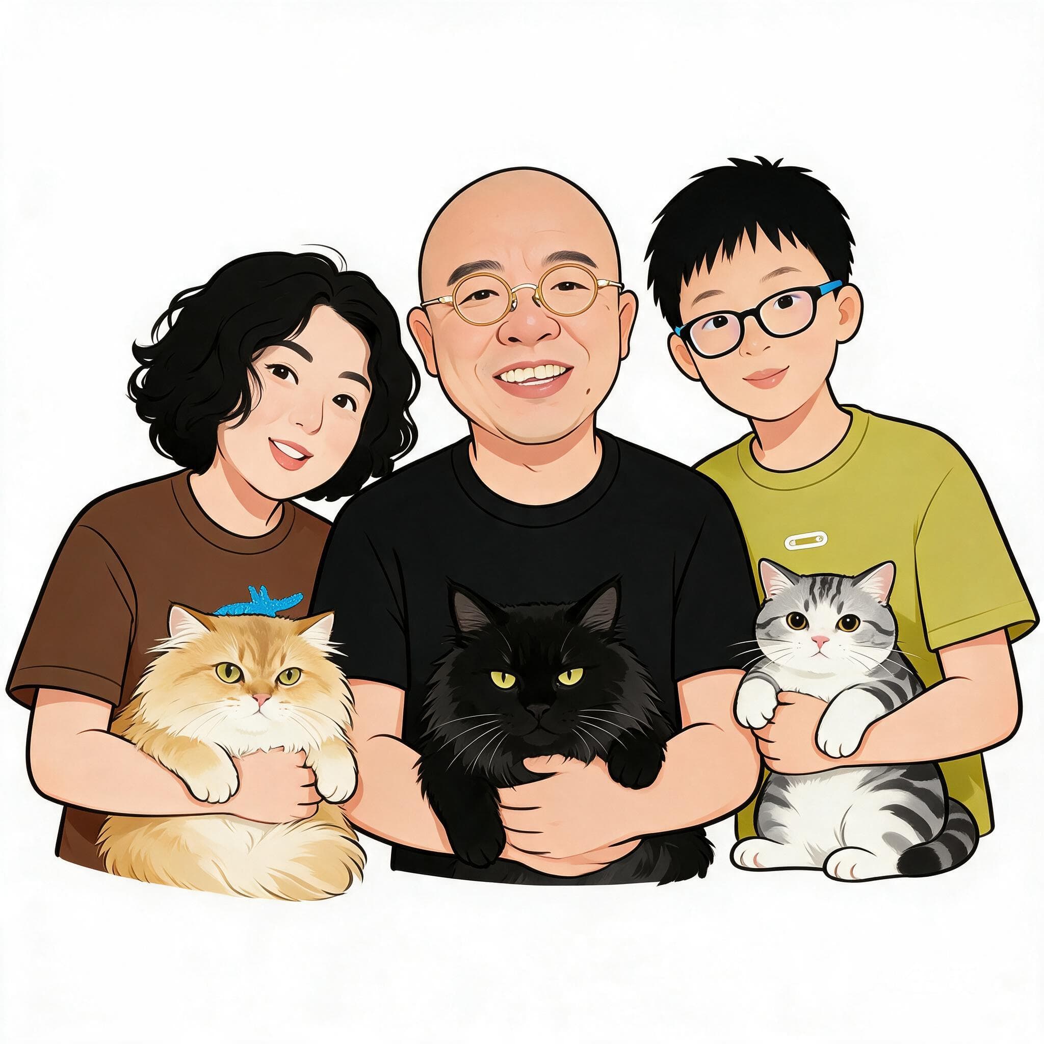 一家人与三只猫的卡通全家福